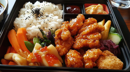 A beautifully presented bento box with rice, vegetables, and fried chicken, leaving plenty of room for copy.の素材