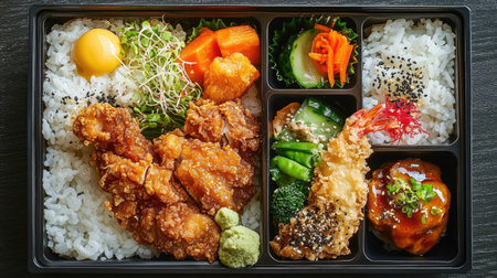 A beautifully presented bento box with rice, vegetables, and fried chicken, leaving plenty of room for copy.の素材