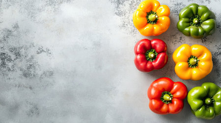 Freshly cut bell pepper rings in various colors arranged on a light surface with plenty of copy space.の素材