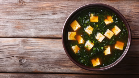 A vibrant bowl of miso soup with tofu cubes and seaweed, placed on a dark wooden table with plenty of space for text.の素材