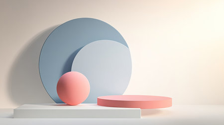 Minimalist abstract design with simple shapes and soft shadows. Clear copy space on a white background."の素材