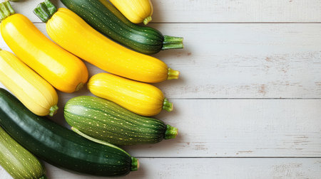 A collection of fresh zucchini and squash arranged on a light wooden surface with ample room for copy.の素材