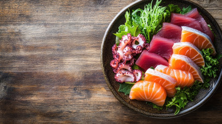 A beautifully arranged plate of sashimi with tuna, salmon, and octopus slices, leaving room for text.の素材