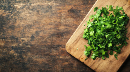 Freshly chopped parsley on a wooden cutting board with ample space around for your text.の素材