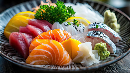 A beautifully arranged plate of sashimi with various fish, garnished with lemon and wasabi, with space for copy.の素材