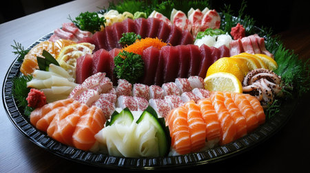 A beautifully arranged platter of sashimi with tuna, salmon, and octopus slices, leaving room for text.の素材