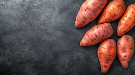 A collection of fresh sweet potatoes arranged on a dark background with plenty of copy space.の素材