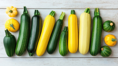 A collection of fresh zucchini and squash arranged on a light wooden surface with ample room for copy.の素材