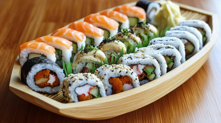 A beautifully arranged sushi roll platter with various fillings, placed on a bamboo mat with room for a message.の素材