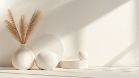 Minimalist abstract design with simple shapes and soft shadows. Clear copy space on a white background."の素材