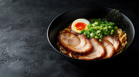 Freshly prepared ramen bowl with sliced pork, boiled egg, and green onions, placed on a dark background with ample copy space.の素材