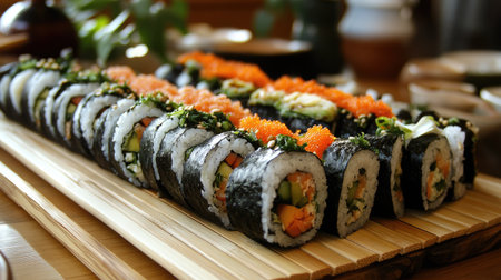 A beautifully arranged sushi roll platter with various fillings, placed on a bamboo mat with room for a message.の素材