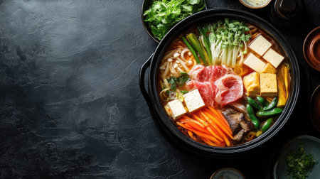 A traditional Japanese hot pot (nabe) with vegetables, tofu, and meat, with ample copy space around.の素材