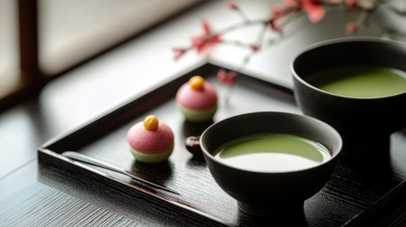 A beautifully presented Japanese tea set with matcha tea and wagashi sweets, leaving plenty of room for a message.の素材