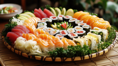 A beautifully arranged sushi roll platter with various fillings, placed on a bamboo mat with room for a message.の素材