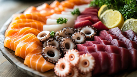 A beautifully arranged platter of sashimi with tuna, salmon, and octopus slices, leaving room for text.の素材
