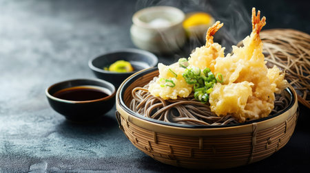 A steaming bowl of soba noodles with tempura and dipping sauce, placed on a dark background with room for text.の素材