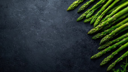 Fresh asparagus spears spread out on a dark background, leaving ample space for text.の素材