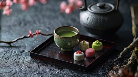 A beautifully presented Japanese tea set with matcha tea and wagashi sweets, leaving plenty of room for a message.の素材