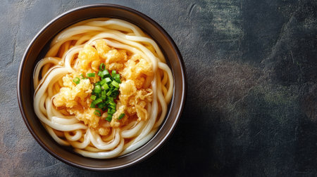 Freshly prepared udon noodles in a bowl, garnished with tempura and green onions, with plenty of copy space.の素材
