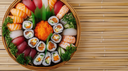 A beautifully arranged sushi roll platter with various fillings, placed on a bamboo mat with room for text.の素材