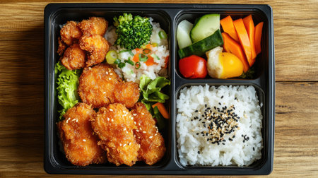 A beautifully presented bento box with rice, vegetables, and fried chicken, leaving plenty of room for copy.の素材
