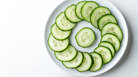 Freshly cut cucumber slices arranged in a circular pattern on a white plate, leaving ample space for copy.の素材