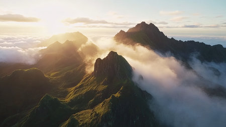 Stunning top view of a mountain range at sunrise, with misty valleys and soft golden light. Ample copy space in the sky."の素材