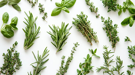 Fresh herbs, including rosemary and thyme, spread out on a white surface, leaving plenty of room for text.の素材