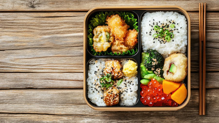 A traditional Japanese bento box with rice, vegetables, and tempura, laid out on a wooden table, leaving space for text.の素材