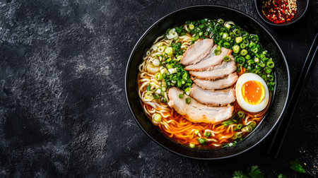 Freshly prepared ramen bowl with sliced pork, boiled egg, and green onions, placed on a dark background with room for copy.の素材