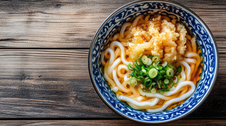 A vibrant bowl of udon noodles with tempura and green onions, placed on a wooden table with ample copy space.の素材