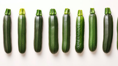 A collection of fresh zucchinis arranged in a line on a white background with plenty of copy space.の素材