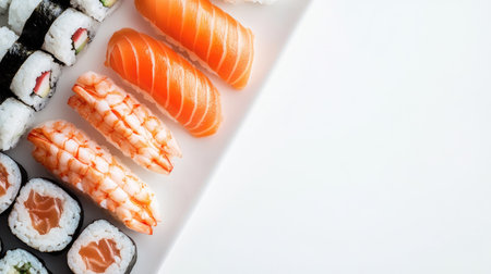 A beautifully arranged sushi platter with nigiri and maki on a white plate, with ample copy space around.の素材