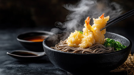 A steaming bowl of soba noodles with tempura and dipping sauce, placed on a dark background with room for text.の素材