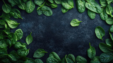 Fresh spinach leaves spread out on a dark background with plenty of copy space.の素材