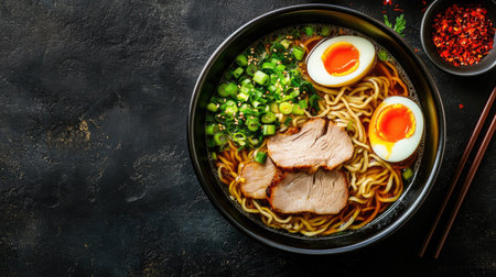 Freshly prepared ramen bowl with sliced pork, boiled egg, and green onions, placed on a dark background with room for copy.の素材