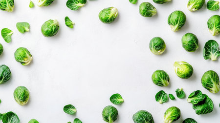 A collection of fresh brussels sprouts scattered on a white background with space for text.の素材