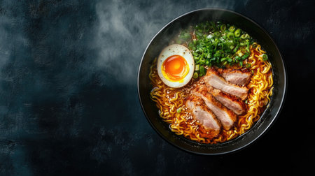Top view of a steaming bowl of ramen with sliced pork, boiled egg, and green onions on a dark background, leaving room for text.の素材
