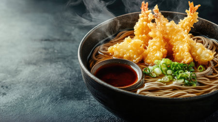 A steaming bowl of soba noodles with tempura and dipping sauce, placed on a dark background with room for text.の素材