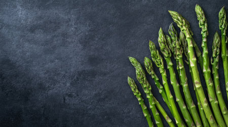 Fresh asparagus spears spread out on a dark background, leaving ample space for text.の素材