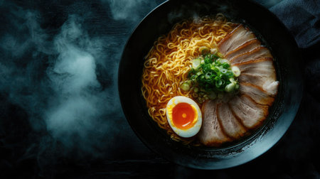 Top view of a steaming bowl of ramen with sliced pork, boiled egg, and green onions on a dark background, leaving room for text.の素材
