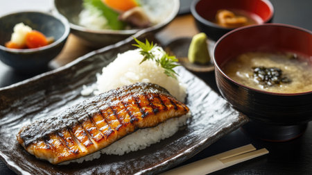 A traditional Japanese set meal with rice, grilled fish, miso soup, and pickles, leaving plenty of copy space.の素材