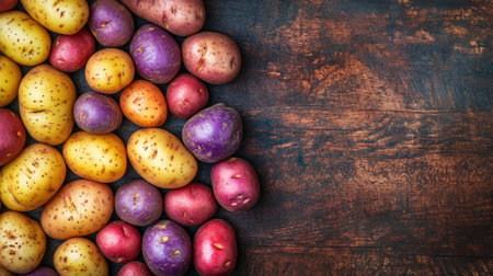 Assorted potatoes, including red, yellow, and purple varieties, laid out on a dark wooden background with copy space.の素材