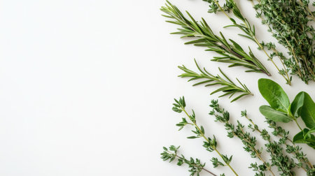 Fresh herbs, including rosemary and thyme, spread out on a white surface, leaving plenty of room for text.の素材