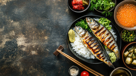 Top view of a traditional Japanese breakfast with grilled fish, rice, and pickles, leaving ample space for text.の素材