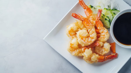 Freshly made tempura shrimp and vegetables on a white plate with soy sauce on the side, leaving space for textの素材