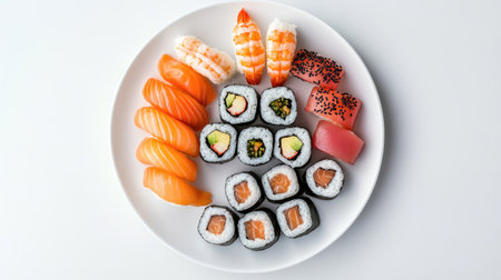 Top view of an assorted sushi platter with maki rolls, nigiri, and sashimi on a white plate, leaving space for copy.の素材