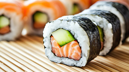 Freshly made sushi rolls with salmon, avocado, and cucumber, arranged on a bamboo mat with ample space for copy.の素材