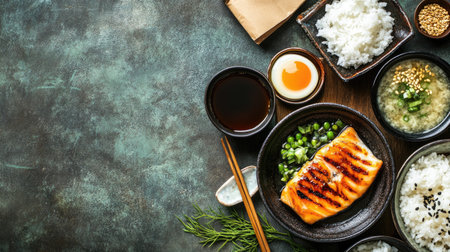 Top view of a traditional Japanese breakfast with grilled fish, rice, and miso soup, with space for copy.の素材